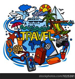 concept illustrations of fun travel doodles with vacations, tourism and cruise. travel doodles