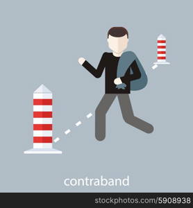 Concept in flat design. Man carries contraband in the bag through the checkpoint at the customs border. Contraband concept