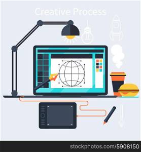 Concept in flat style for creative process with designer workplace, laptop, design tools and equipments