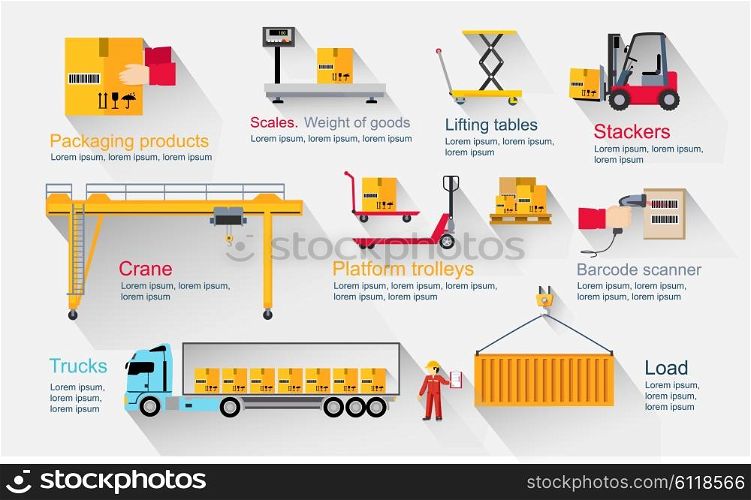 Concept infographics equipment warehouse. Delivery and cargo transportation, shipping service, industry freight and package, logistic industrial, export and distribution production illustration