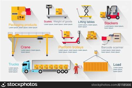 Concept infographics equipment warehouse. Delivery and cargo transportation, shipping service, industry freight and package, logistic industrial, export and distribution production illustration