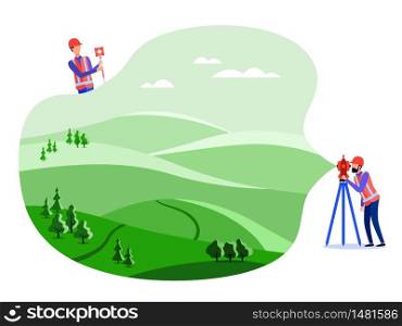 Concept land surveyors, cadastral engineers and surveyors conduct geodetic measurements on the land, on the ground, using theodolite and geodetic equipment. Vector flat illustration.