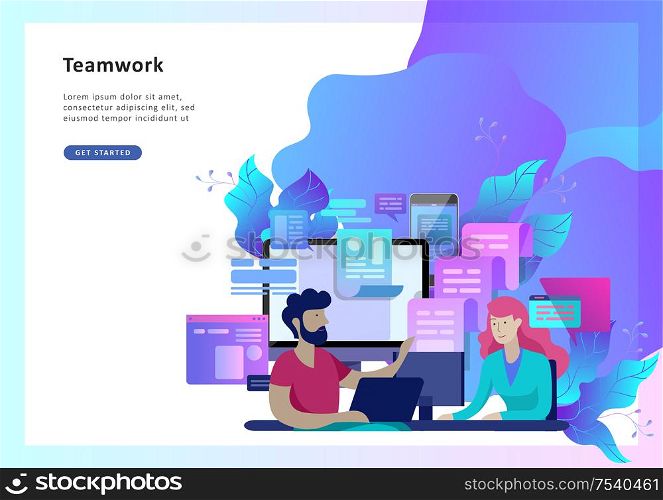 Concept Landing page template customer service, male hotline operator advises client, online global technical support, customer and operator. Concept Landing page template customer service, male hotline operator advises client