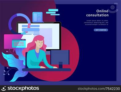 Concept Landing page template customer service, male hotline operator advises client, online global technical support, customer and operator. Concept Landing page template customer service, male hotline operator advises client
