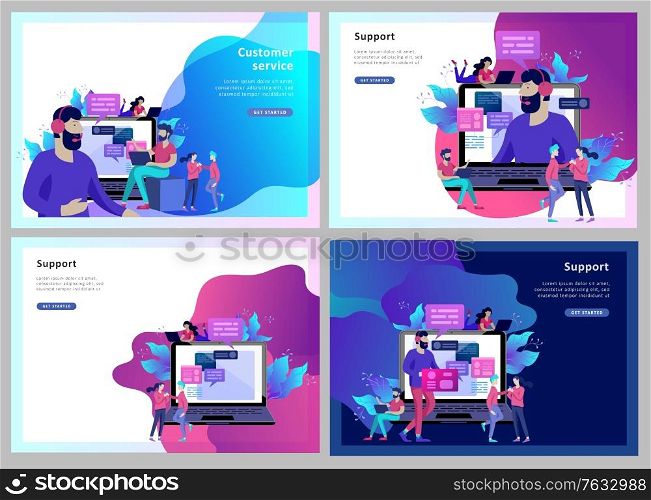 Concept Landing page template customer service, male hotline operator advises client, online global technical support, customer and operator. Concept Landing page template customer service, male hotline operator advises client, online global technical support, customer