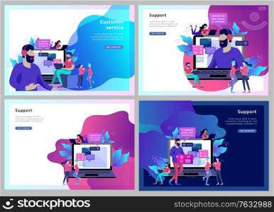 Concept Landing page template customer service, male hotline operator advises client, online global technical support, customer and operator. Concept Landing page template customer service, male hotline operator advises client, online global technical support, customer