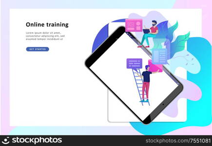 Concept Landing page template Education people, Internet studying, online training, online book, tutorials, e-learning for social media, distance education, documents, cards, posters. Concept Education people, Internet studying, online training, online book