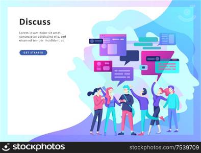 Concept Landing page template, flat style, businessmen discuss social network, news, social networks, chat, dialogue speech bubbles, new projects. Concept Landing page template, flat style, businessmen discuss social network, news, social networks