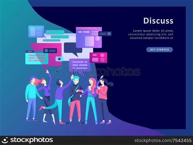 Concept Landing page template, flat style, businessmen discuss social network, news, social networks, chat, dialogue speech bubbles, new projects. Concept Landing page template, flat style, businessmen discuss social network, news, social networks