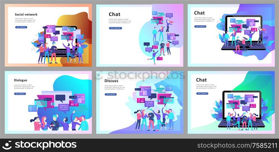 Concept Landing page template, flat style, businessmen discuss social network, news, social networks, chat, dialogue speech bubbles, new projects. Concept Landing page template, flat style, businessmen discuss social network, news, social networks, chat, dialogue speech bubbles