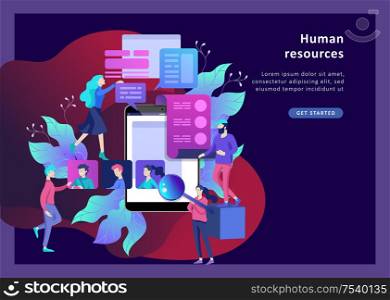Concept Landing page template Human Resources and selection candidates, banner, presentation, social media. Recruitment for web page. Vector illustration filling out resumes, hiring employees. Concept Human Resources, banner, presentation, social media, documents. Recruitment for web page.