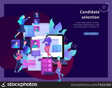 Concept Landing page template Human Resources and selection candidates, banner, presentation, social media. Recruitment for web page. Vector illustration filling out resumes, hiring employees. Concept Human Resources, banner, presentation, social media, documents. Recruitment for web page.