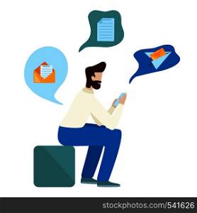 Concept man use smartphone. Send e-mail. Bearded man sitting and holding mobile phone. Flat vector concept illustration isolated on white background. Concept man use smartphone. Send e-mail. Bearded man sitting and holding mobile phone.