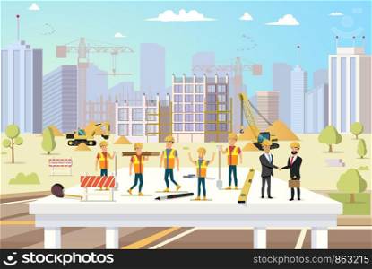 Concept Modern City Construction Buildings. Vector Illustration Cartoon Group of Man Builders and Engineers. Workflow for Construction new City Building. Successful deal Contractors