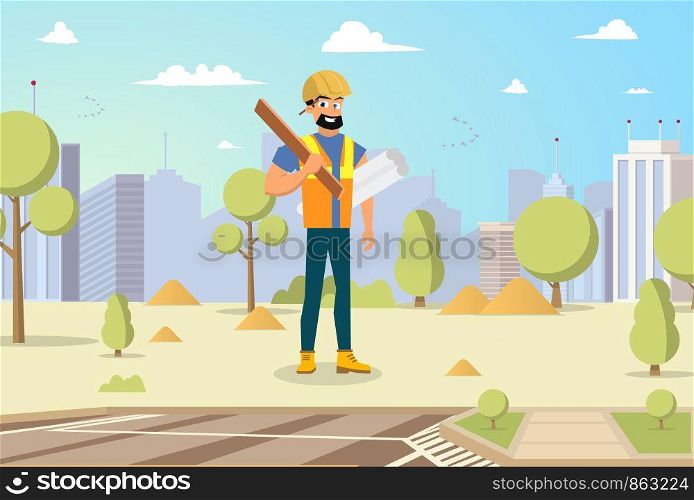 Concept Modern City Construction Buildings. Vector Illustration Cartoon Male Builder holding blueprints and Tool in hand against background City. Megapolis Construction Concept