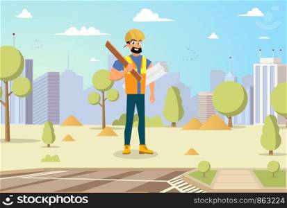 Concept Modern City Construction Buildings. Vector Illustration Cartoon Male Builder holding blueprints and Tool in hand against background City. Megapolis Construction Concept
