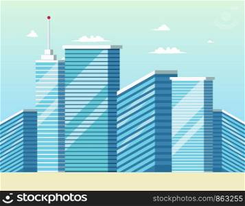 Concept Modern City Construction Buildings. Vector Illustration Cartoon Panorama Cityscape Modern Smart City. Skyscrapers against Blue Sky with Clouds. Commercial real estate Modern Metropolis