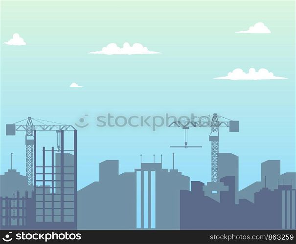 Concept Modern City Construction Buildings. Vector Illustration Cartoon Panorama Construction a new District the City. Cranes. Building Construction Concept. New residential area Project