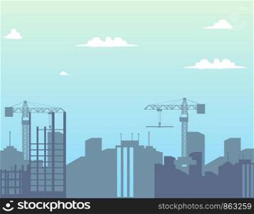 Concept Modern City Construction Buildings. Vector Illustration Cartoon Panorama Construction a new District the City. Cranes. Building Construction Concept. New residential area Project