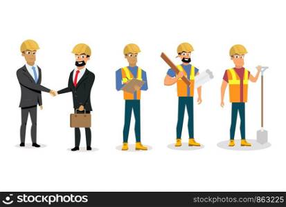 Concept Modern city Construction buildings. Vector Illustration Cartoon Set Engineers and Builders Isolated on White Background. Male Builders in Uniform. Construction Workers