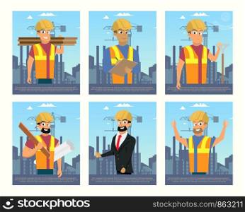 Concept Modern City Construction Buildings. Vector Illustration Cartoon Set portraits People. A group Male Builders in Uniform. Builder, Engineer, Contractor. Concept working Profession