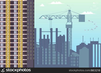 Concept Modern City Construction Buildings. Vector Illustration of Cartoon Panorama of Construction new District City. Cranes. Building Construction Concept. New residential area project