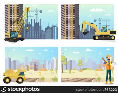 Concept Modern City Construction Buildings. Vector Illustration of Cartoon Set images the Construction process. Construction Crane. Yellow eEcavator. Truck. Male Builder with Tool his hands