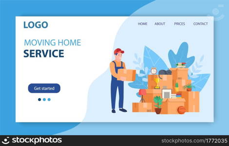 Concept moving house. Relocation to apartment. Delivery service. Moving with boxes to new home. Pile of stacked cardboard boxes. Landing page concept. Vector illustration in flat style. Concept moving house.