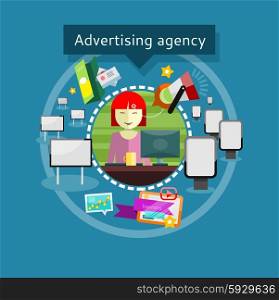 Concept of Advertising agency. Lady advertising agent in office presents ideas and types of promotional products around For web site construction, mobile applications, banners, corporate brochures etc