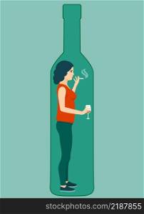 Concept of alcohol addicted problem. Alcoholic addicted woman in a wine bottle. Alcoholic woman in a bottle, vector illustration concept