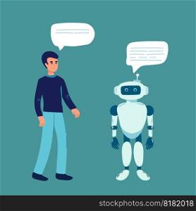 Concept of artificial Intelligence and business automation. Android talking with robot. Flat design, vector illustration. Concept of artificial Intelligence and business automation. Android talking with robot. Flat design, vector illustration.