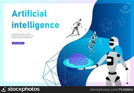 Concept of Artificial Intelligence and Cyber Monday, futuristic cyberpunk design, cyborgs work on surrealistic project, modern nano technology for website and mobile website. Landing page template. Concept of Artificial Intelligence and Cyber Monday, futuristic cyberpunk design, cyborgs work on surrealistic project
