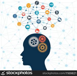 Concept of Artificial Intelligence with Gears on Human head. Networks Design Concep with Icons on background
