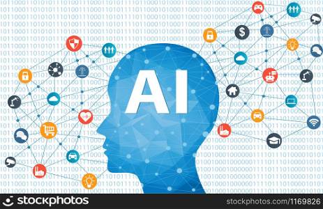 Concept of Artificial Intelligence with Human head and different icons. Digital Network Connection Modern communication technology.