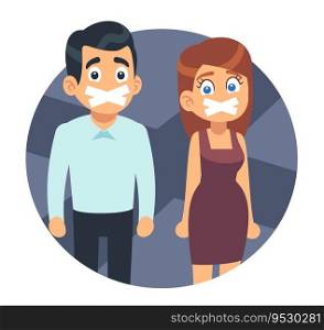 Concept of banning free speech, scared man and woman with their mouths taped shut, unable to speak. Discrimination and censorship. Ignoring people mind. Vector cartoon flat style isolated illustration. Concept of banning free speech, scared man and woman with their mouths taped shut, unable to speak. Discrimination and censorship. Ignoring people mind. Vector cartoon flat isolated illustration