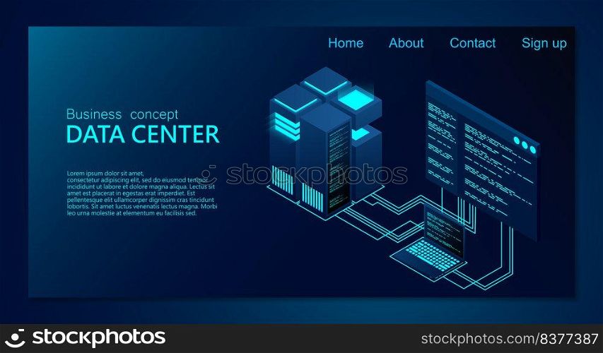 Concept of big data processing center. Isometric Data center. Isometric servers vector design. Data center. Hosting server or data center room concept. vector illustration