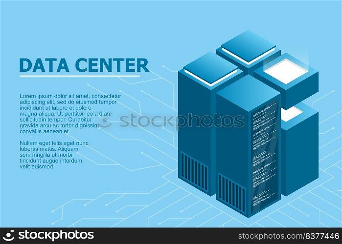 Concept of big data processing center. Isometric Data center. Isometric servers vector design. Data center. Hosting server or data center room concept. vector illustration