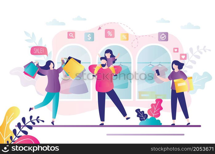 Concept of business and fashion. Family bought lot in mass market at sale. Daughter sits on daddy&rsquo;s neck and rejoices. Lady character with many shopping bags. Cute woman holds box. Vector illustration. Concept of business and fashion. Family bought lot in mass market at sale. Lady character with many shopping bags.