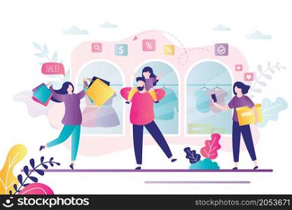 Concept of business and fashion. Family bought lot in mass market at sale. Daughter sits on daddy&rsquo;s neck and rejoices. Lady character with many shopping bags. Cute woman holds box. Vector illustration. Concept of business and fashion. Family bought lot in mass market at sale. Lady character with many shopping bags.