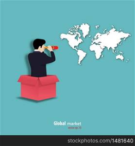 Concept of business finance. Businessman holding telescope looking at the world map. business global marketing. planning, achievement, symbol, vector illustration