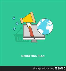 Concept of business process. Marketing plan and Advertise of the product on a global scale. For web design, analytics, graphic design and in flat design on colored background