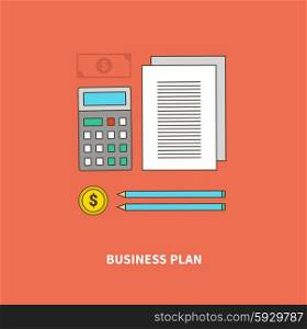 Concept of business process, worlflow. Business plan is essential part of business process. For web design, analytics, graphic design and in flat design on colored background