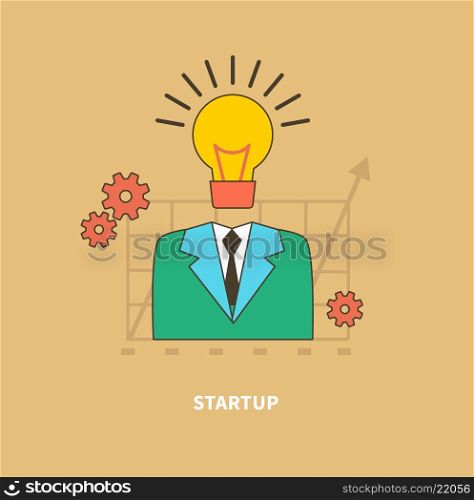 Concept of business process, worlflow. Idea as the beginning of a startup. Eureka. A man with a head lamp. For web design, analytics, graphic design and in flat design on colored background