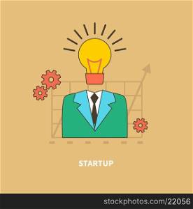 Concept of business process, worlflow. Idea as the beginning of a startup. Eureka. A man with a head lamp. For web design, analytics, graphic design and in flat design on colored background