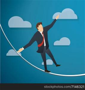 concept of businessman or man in crisis walking in balance on rope over sky background