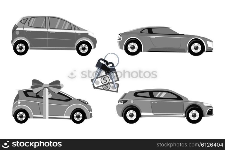 Concept of buying selling rental car. Buy transport, auto rent, sale and loan, automobile and vehicle, purchase and deal cars, credit and pay car, offer and money vector illustration. Black on white