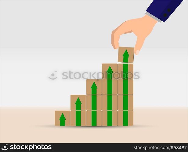 concept of career growth, business growth or financial success. Hand is a ladder of cubes with up arrows.