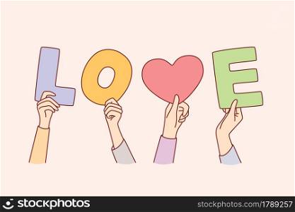 Concept of charity and love. Human hands forming love word with letters and symbols meaning positive attitude vector illustration.. Concept of charity and love