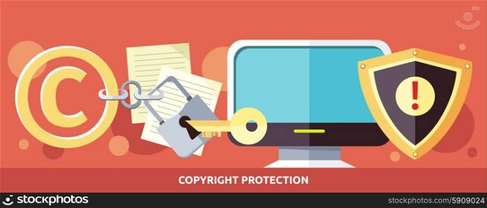 Concept of Copyright protection of intellectual property and data in Internet and violation of the law. Law illustration, key in the keyhole, computer. For web banners, promotion, presentation