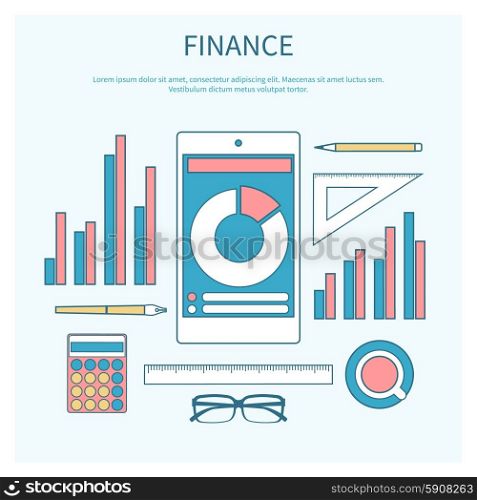 Concept of corporate finance, business management, financial planning with calculator, smartphone, financial documents. Modern design flat icon collection concept in stylish colors of business workflow items and elements